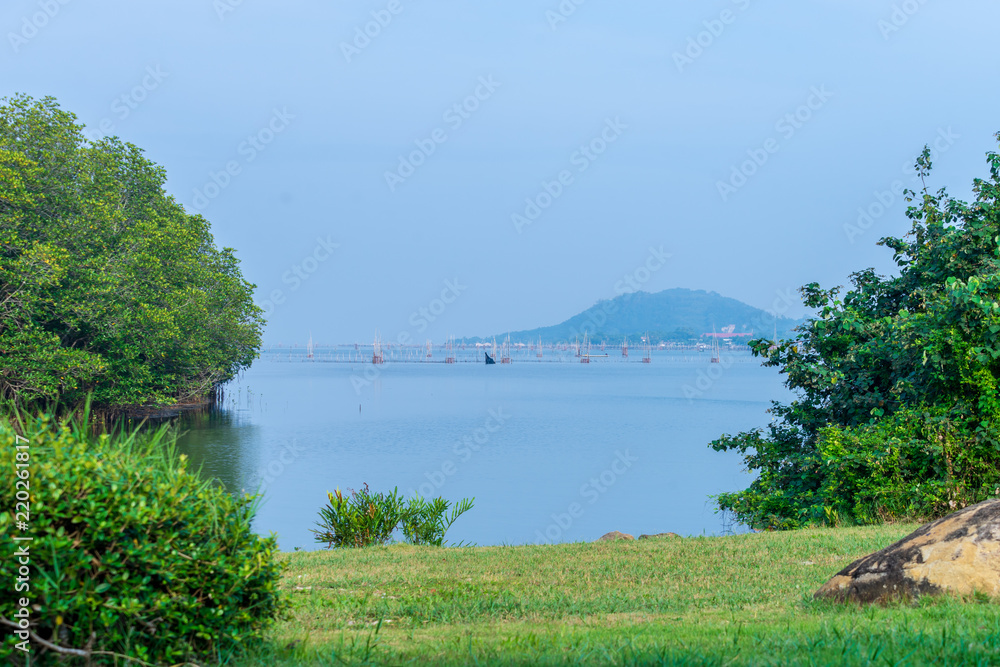 View of the mountains from Songkhla lake, Southern Thailand with trees and fishing cages in the middle.