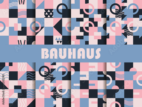 Seamless geometric pattern set. Bauhaus design. Background memphis style of the 80s. Rose quartz and serenity violet colors. Vector illustration