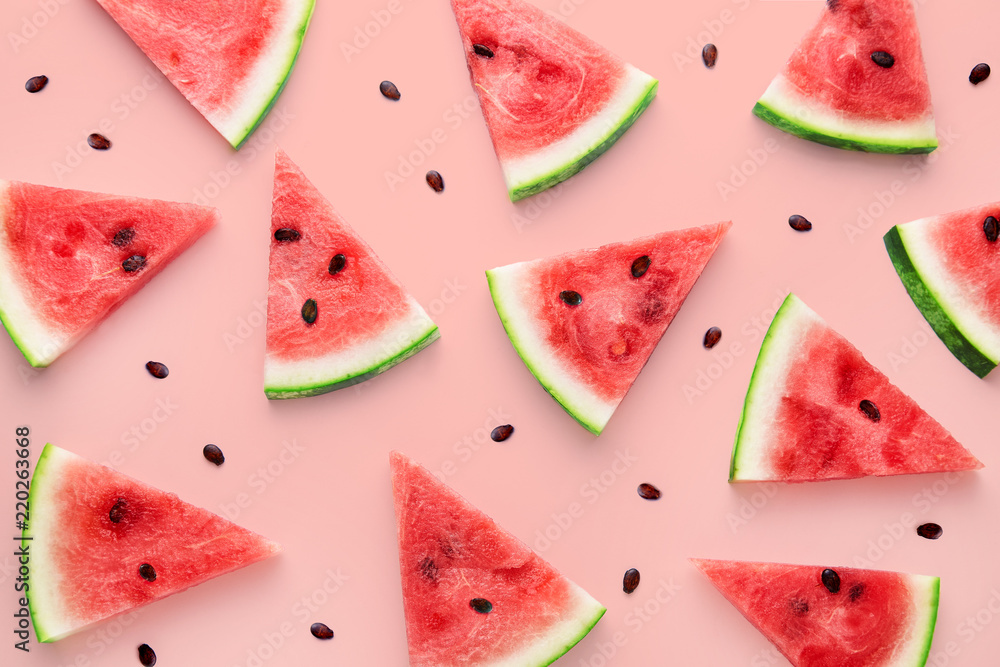 Watermelon slices pattern viewed from above. Top view. Summer concept. - obrazy, fototapety, plakaty 