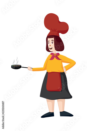 Female chef vector. Woman cook in apron standing with frying pan illustration.