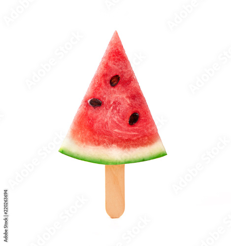 Watermelon slice on a ice cream stick isolated on white background. Frozen fruit concept. Fruit popsicle