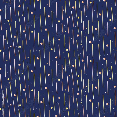 Bright hand drawn orange lines and dots on dark blue background seamless pattern. Abstract vector stroke texture for textile, wrapping paper, cover, surface, background, wallpaper