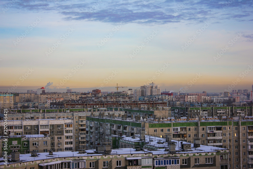 Chelyabinsk, Russia, smog industrial city, factory pipes, snow, winter, sky, morning, evening, sunrise, sunset