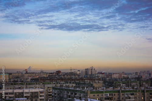 Chelyabinsk, Russia, smog industrial city, factory pipes, snow, winter, sky, morning, evening, sunrise, sunset © Daria