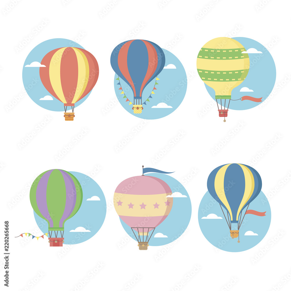 Retro vintage hot air balloons vector flat icons set