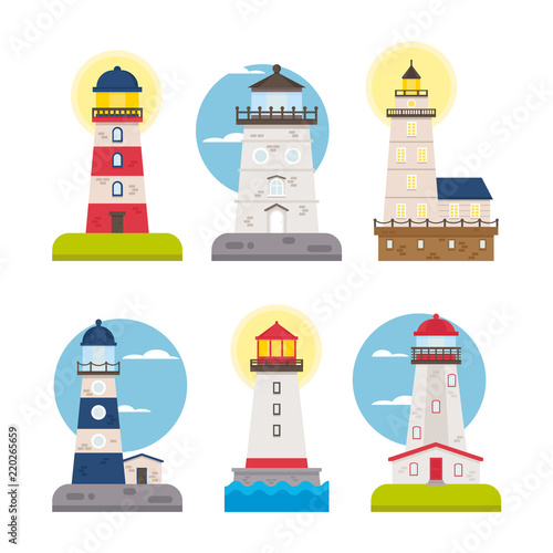 Collection of vector flat lighthouses
