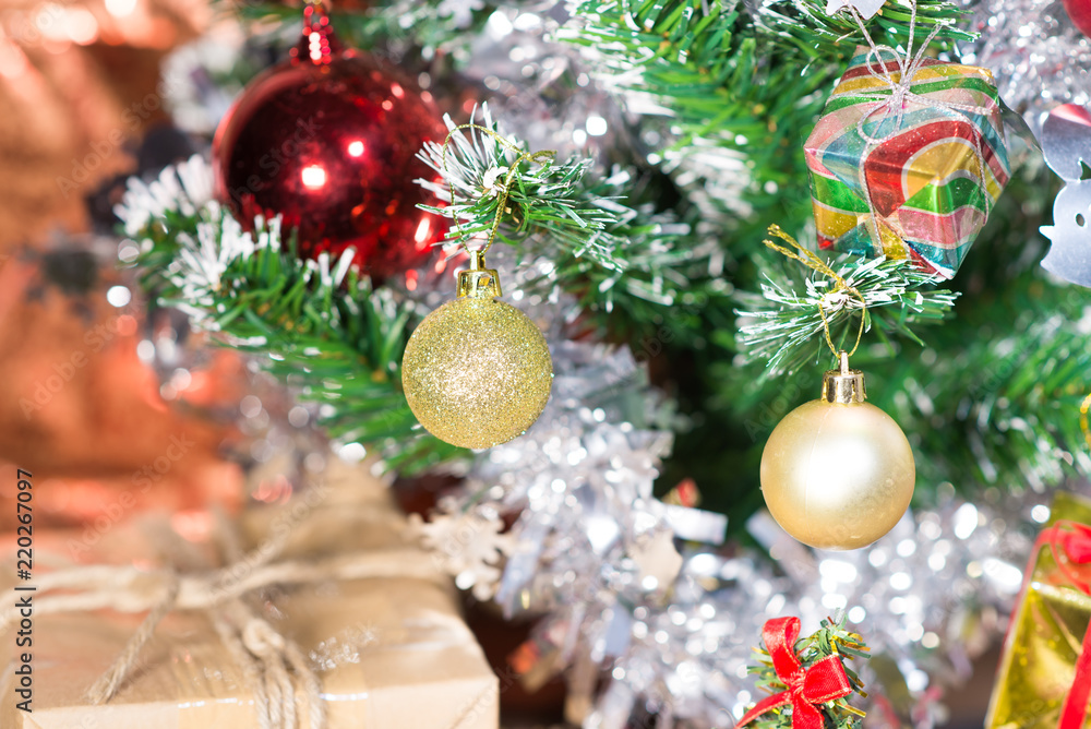 Christmas decorations backdrop merry Xmas Happy new year, Christmas tree and Gift box Gold Bokeh and fireworks background Christmas decorations backdrop merry Xmas Happy new year, Christmas tree and Gift box Gold Bokeh and fireworks background