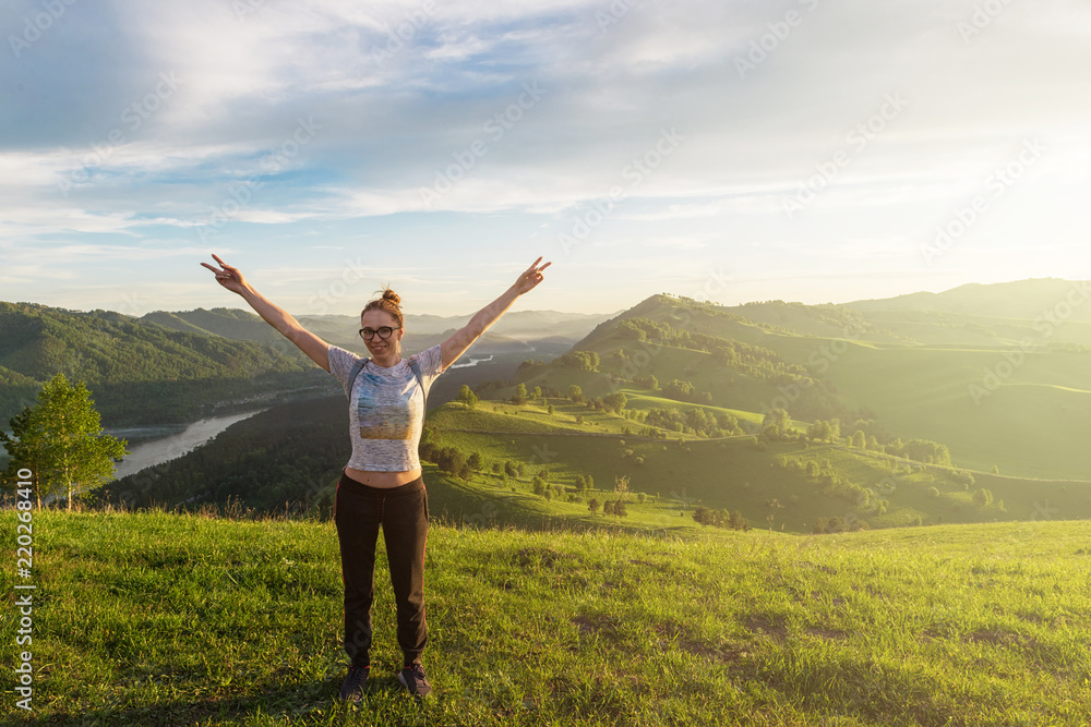 Woman in Altai mountain, beauty summer landcape Woman in Altai mountain, beauty summer landcape