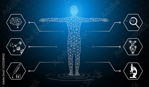 abstract background technology concept in blue light,brain and human body heal ,technology modern medical science in future and global international medical with tests analysis clone DNA human