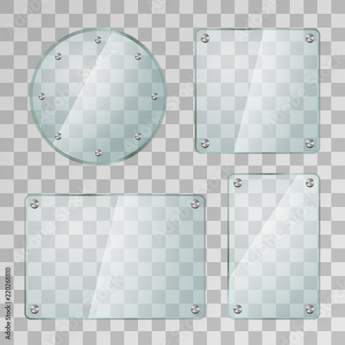Set of realistic glossy glass plates in different shapes with metal screws on transparent background