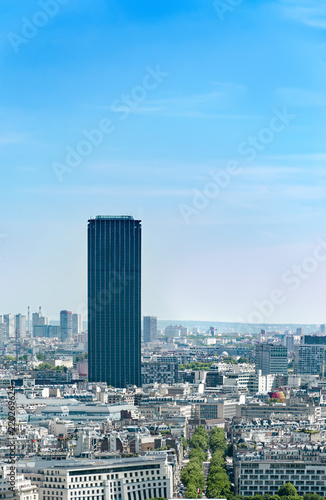 Aerial view of Paris cityscape with Montparnasse Tower from Eiffel tower, vertical