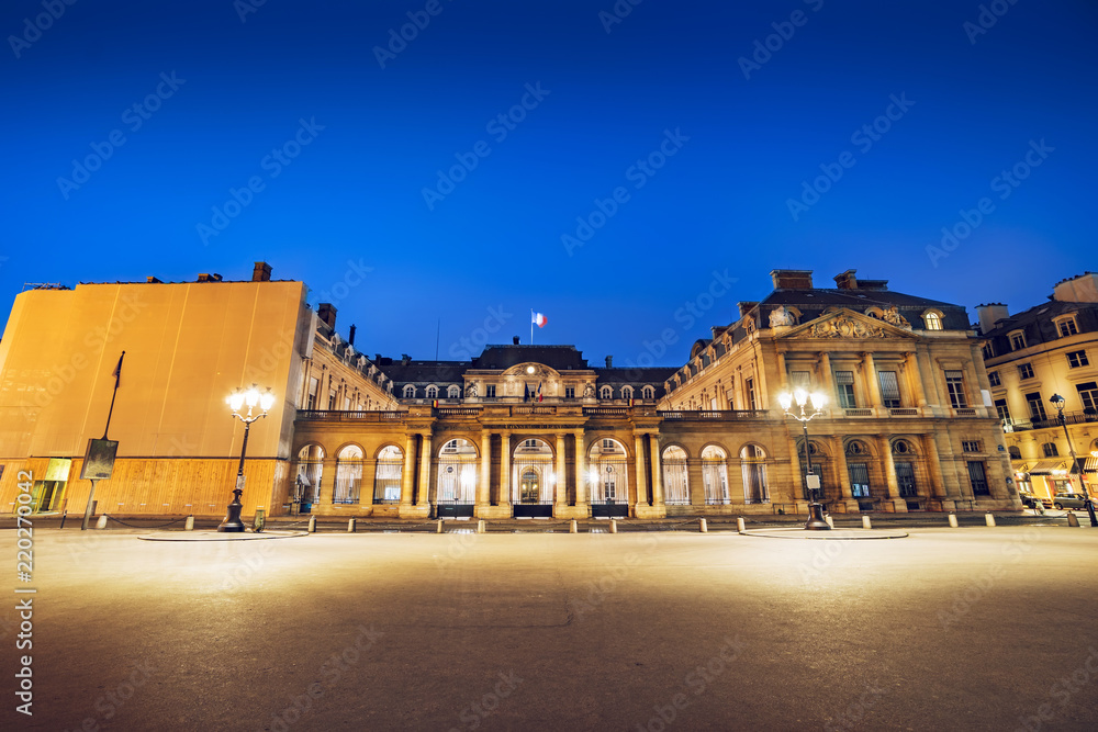 Paris, France - circa May, 2017: Council of State (Conseil d’Etat ) at Palace Royal illuminated at twilight in Paris, France, Europe