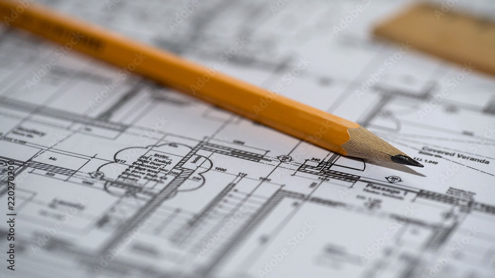 Close-up of detailed building plan, architecture design, construction bureau Close-up of detailed building plan, architecture design, construction bureau