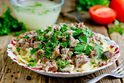 Beshbarmak national kazakh dish - egg noodles with boiled meat, onion and cilantro greens served with broth in bowl on wooden table photo