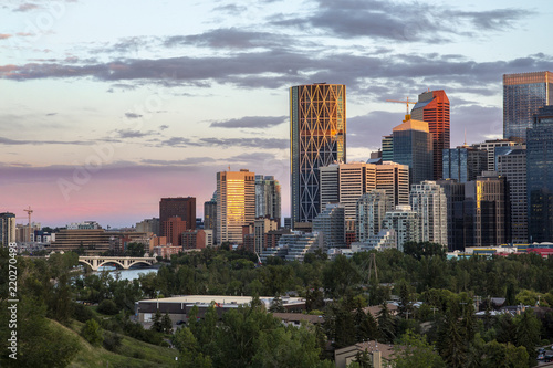 Calgary downtown and Centre Street bridge view on a summer evening at sunset