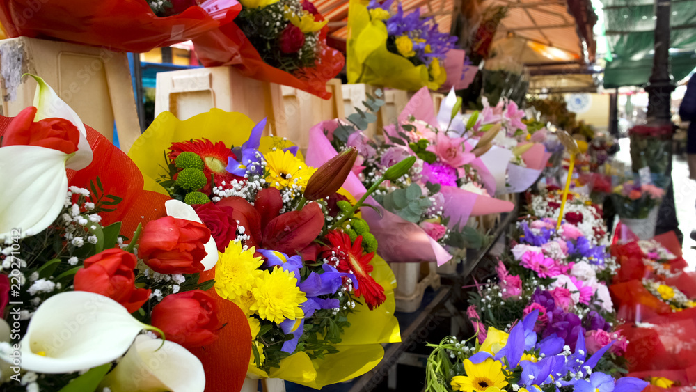 Wide choice of beautiful and expensive colourful bouquets at flower shop