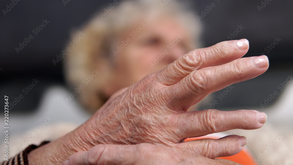 Closeup Old  Grandma Woman With Painful Hand. Health Care Concept