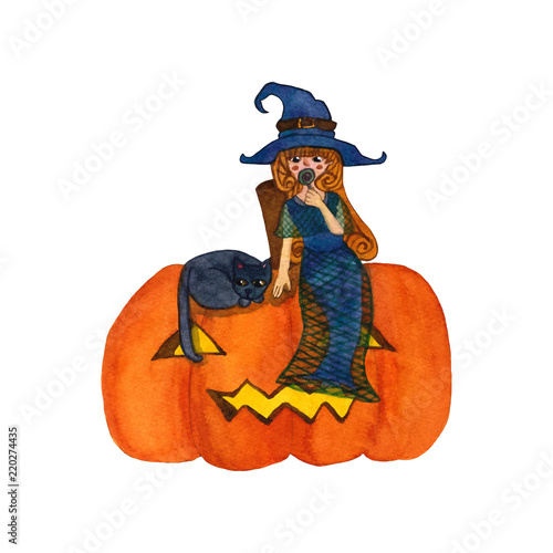 Witch and Cat Sitting on Pu...