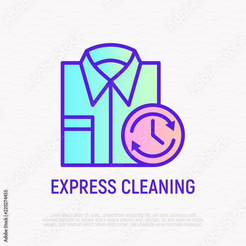 Express cleaning: folded shirt with timer. Thin line icon for laundry logo. Modern vector illustration.