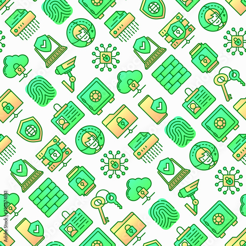Security and protection seamless pattern with thin line icons: mobile security, fingerprint, firewall, face ID, secure folder, surveillance camera, keyset, encrypted messaging. Vector illustration.