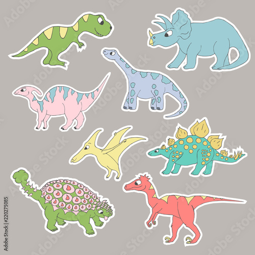 Fototapeta Naklejka Na Ścianę i Meble -  Cute colorful dinosaur stickers. Vector isolated.