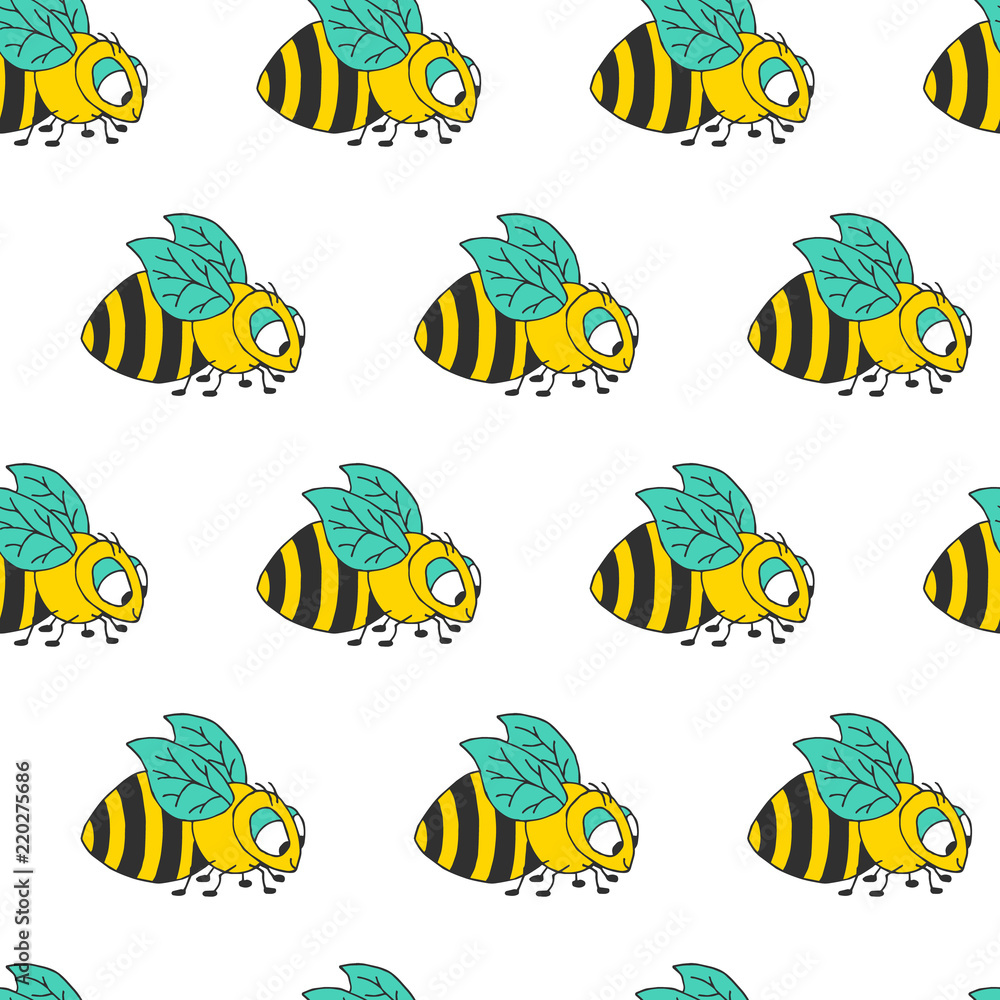 Naklejka premium Colorful cute bee cartoon vector pattern. Honeybee background