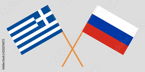 Greece and Russia. Crossed Greek and Russian flags. Official colors. Correct proportion. Vector