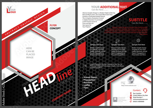 Abstract Flyer Template with Black and Red Stripes and Hexagons on White Background - Modern Graphic Illustration, Vector