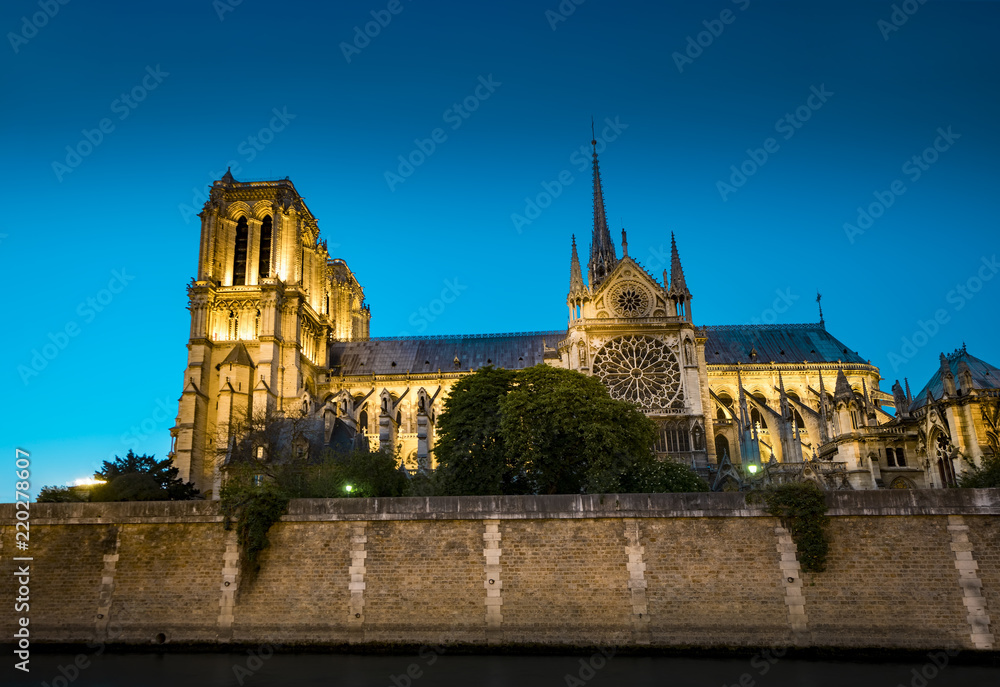 Obraz premium Twilight panoramic view of Notre-Dame de Paris (French for “Our Lady of Paris”) is a medieval Catholic cathedral on the Cite Island in Paris, France