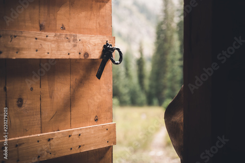 View of a forest through a cabin doorway in Colorado. 