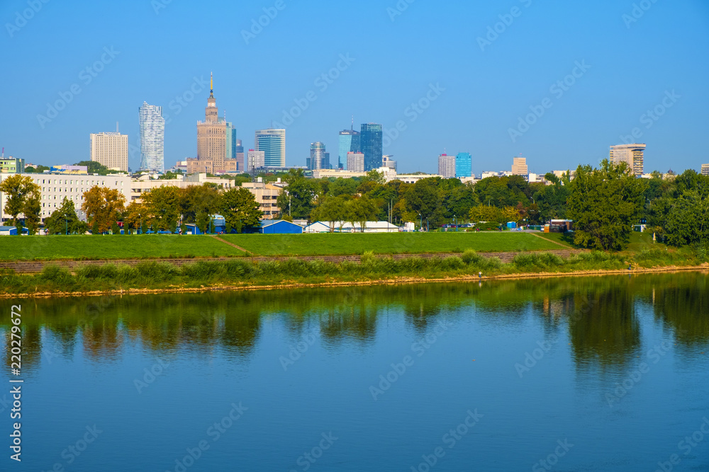 Warsaw, Poland - Panoramic view of the Warsaw city center skyscrapers and Solec district across the Vistula river