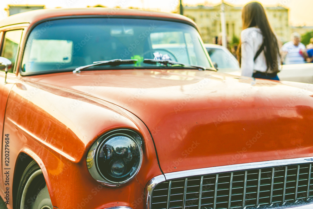 close up rich retro car on a sunset  a vintage style