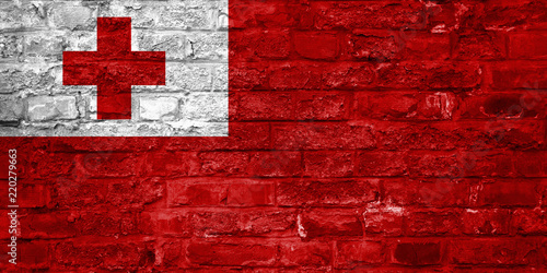 Flag of Tonga over an old brick wall background, surface