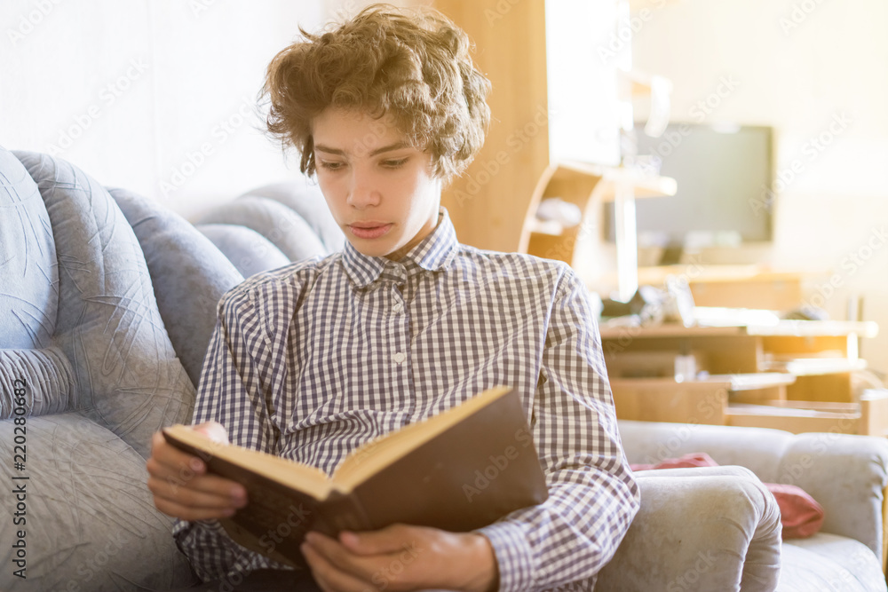 young smiling teenager lying on the sofa and reading a book at home young smiling teenager lying on the sofa and reading a book at home