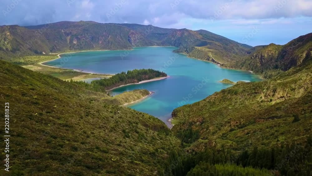 aerial shot of a beautiful mountain lake on sao miguel an island of the azores aerial shot of a beautiful mountain lake on sao miguel an island of the azores