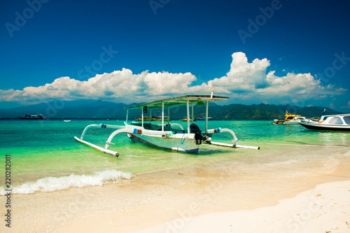 Beautiful Beach on Gili Trawangan with colorful small wooden boats, Gili islands, Lombok in Indonesia
