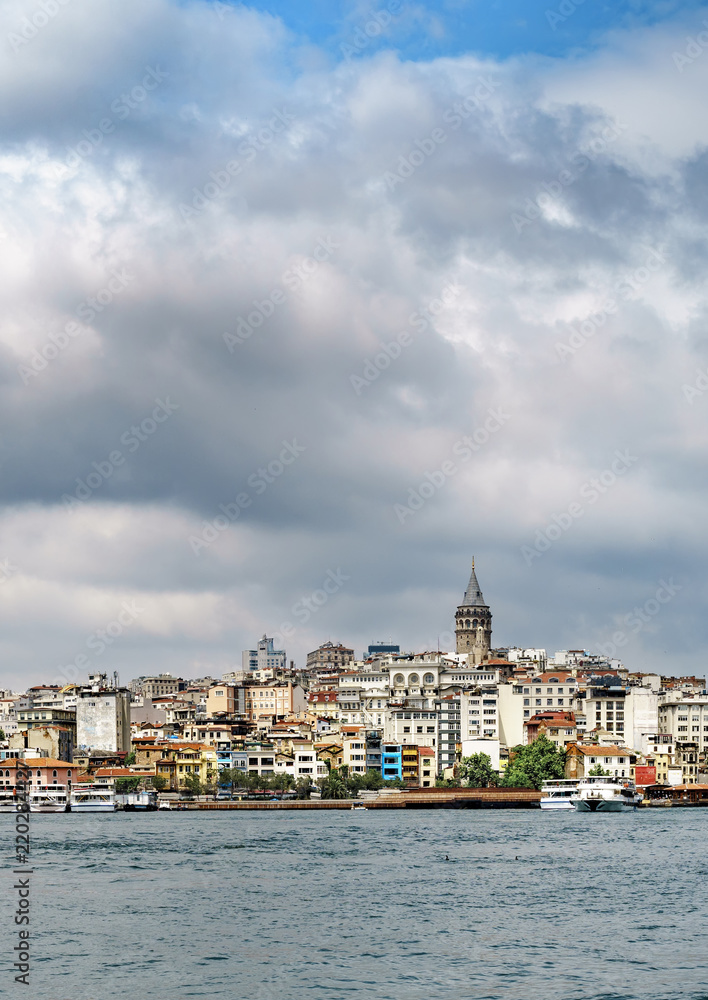 Galata Karakoy quarter of Istanbul, Turkey and historic architecture and medieval Galata tower, vertical