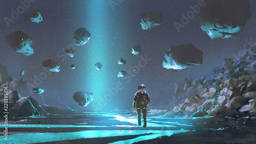 Canvas Print astronaut on turquoise planet with glowing blue minerals, digital art style, ill