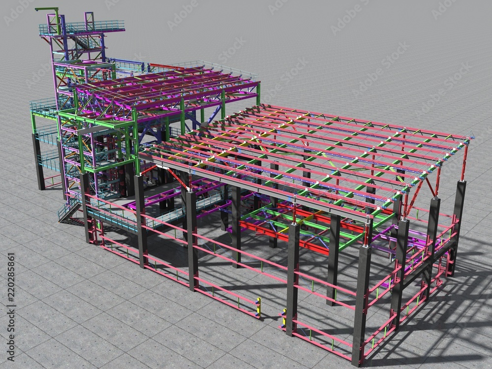BIM model of a building made of metal construction, metal structure. 3D architectural, construction, industrial and engineering background. 3D rendering.