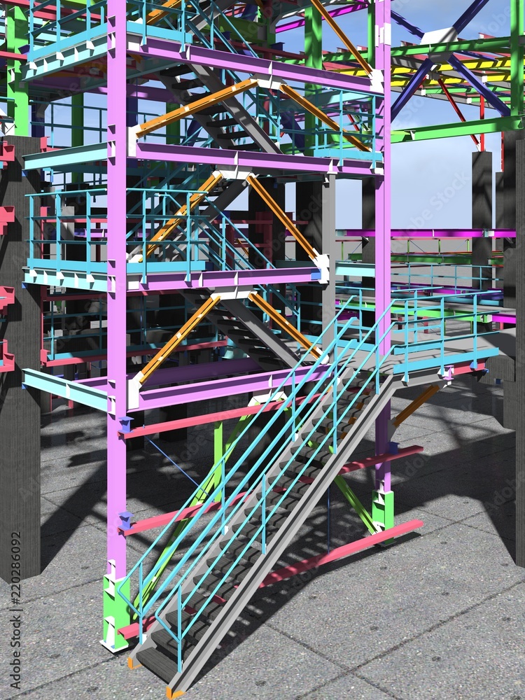 BIM model of a building made of metal construction, metal structure. 3D architectural, construction, industrial and engineering background. 3D rendering. BIM model of a building made of metal construction, metal structure. 3D architectural, construction, industrial and engineering background. 3D rendering.