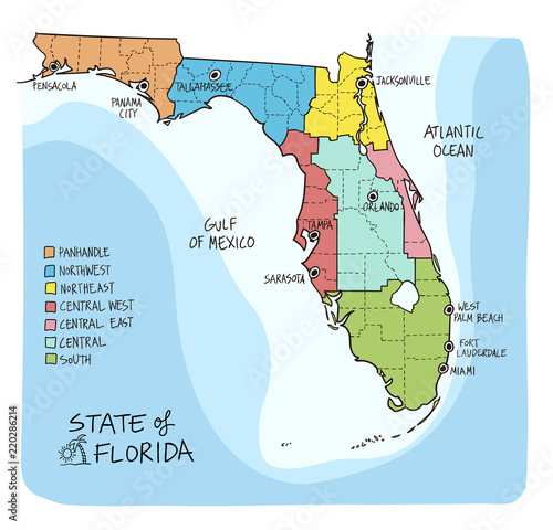 Hand Drawn map of Florida with regions and counties
