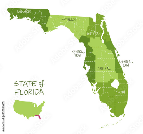 Hand Drawn map of Florida with regions and counties