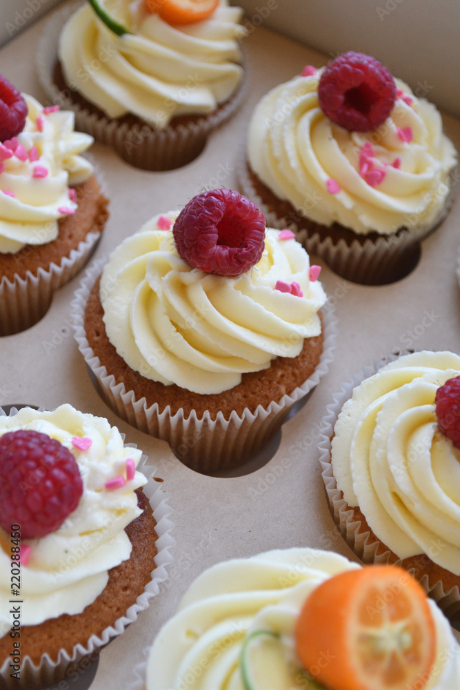 Vanilla cupcakes with fruits on top. Vanilla cupcakes with fruits on top.