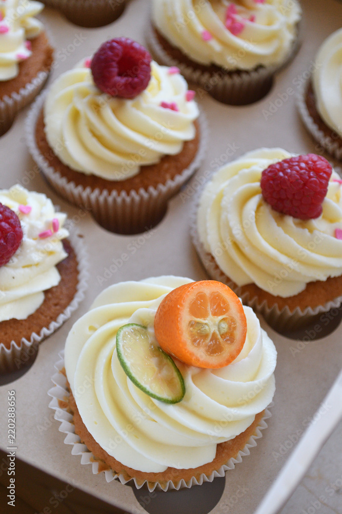 Vanilla cupcakes with fruits on top. Vanilla cupcakes with fruits on top.