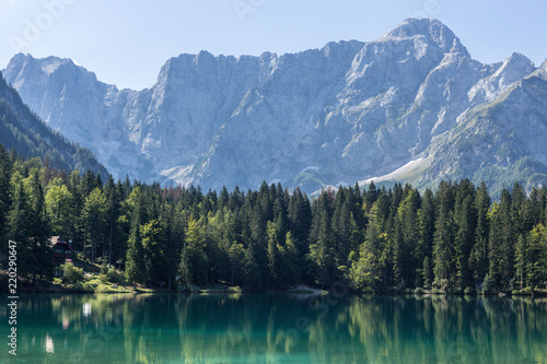 Panorama of mountain lake in the Julian Alps Laghi di Fusine