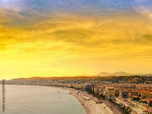 aerial view of beach in Nice France at sunset