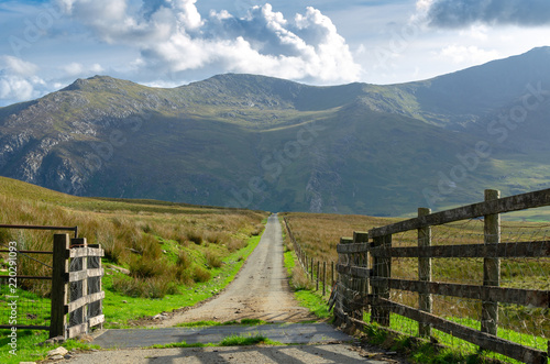 Diminishing perspective of a country road through an open gate in Snowdonia, North Wales, UK