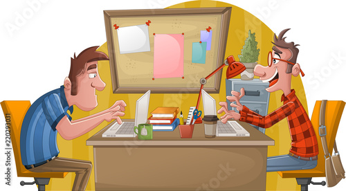 Two cartoon men working with computer. Office workspace with desks. 
