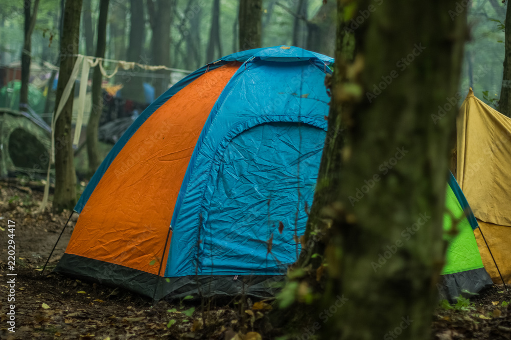 colorful tent camping space in autumn forest dirty natural environment