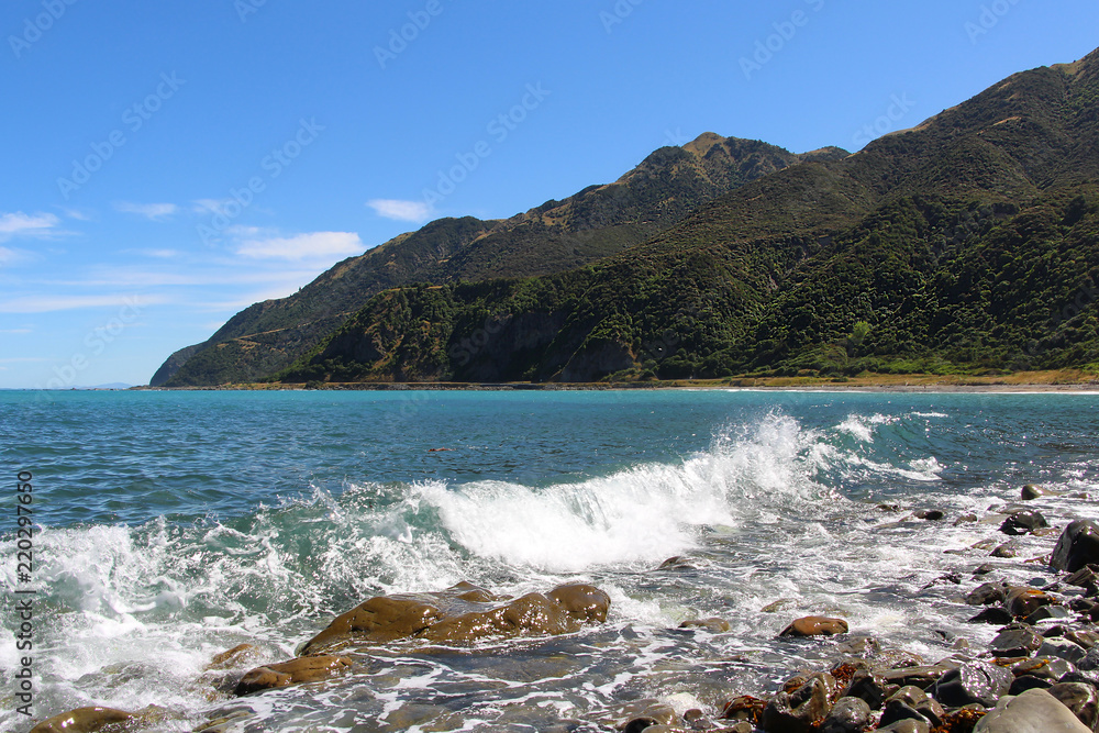 Mountain of the Back beach in New Zealand